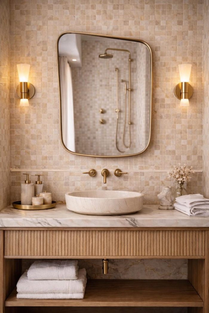Rounded Rectangle Brass Mirror with solid brass frame and clear glass for bathroom vanity