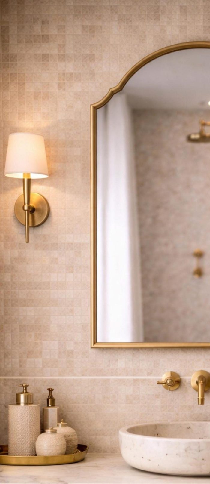 Arched Brass Mirror with curved brass frame above a bathroom vanity