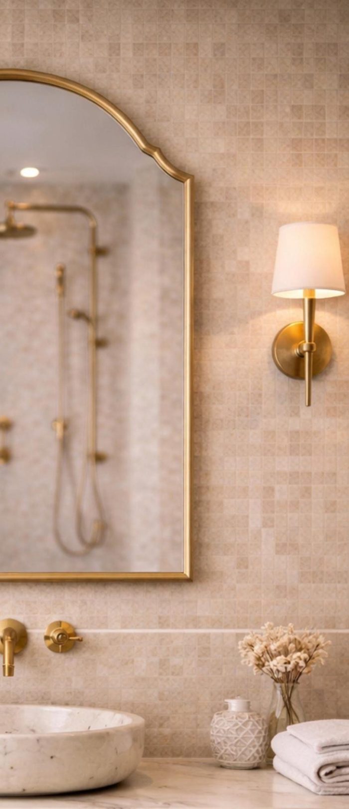 Arched Brass Mirror with curved brass frame above a bathroom vanity