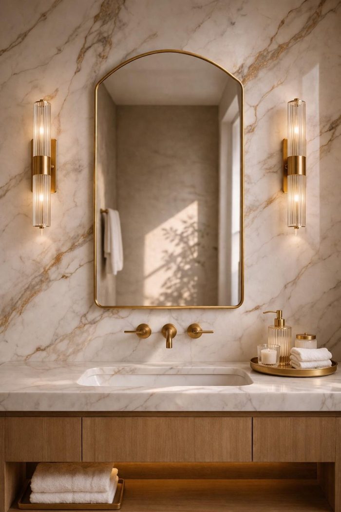 Rounded Arch Brass Mirror above bathroom vanity with handmade brass frame