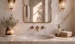Moroccan Arch Brass Mirror with pointed Moorish shape above bathroom vanity