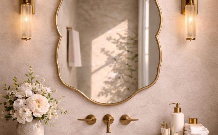 Wavy Brass Bathroom Mirror with handmade brass frame above bathroom vanity
