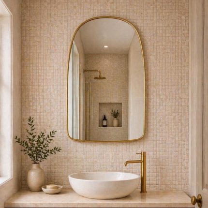 Handmade Rounded Arch Brass Mirror with slim brass frame and curved top