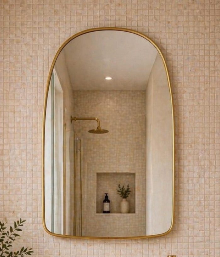 Handmade Rounded Arch Brass Mirror with slim brass frame and curved top