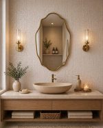 Scalloped Brass Mirror with handmade Moroccan brass frame above bathroom vanity