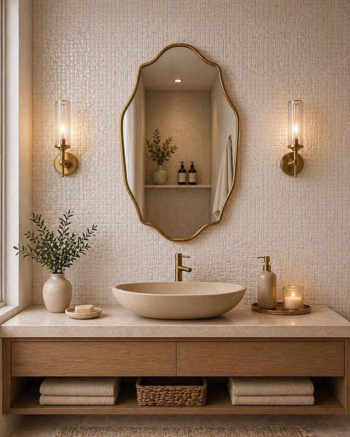 Scalloped Brass Mirror with handmade Moroccan brass frame above bathroom vanity