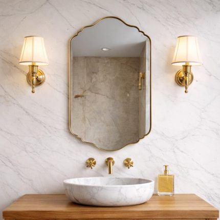 Handmade Moroccan Brass Scalloped Mirror with decorative curved brass frame