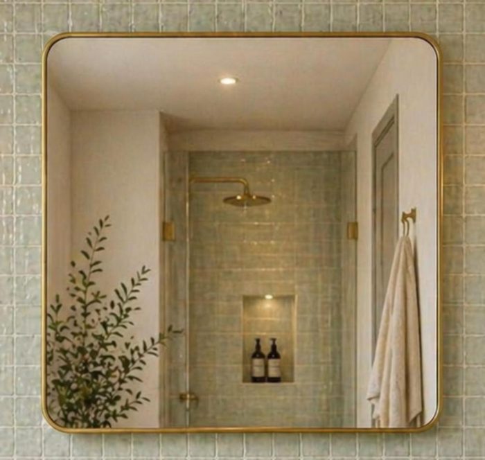 Rounded Rectangle Brass Mirror handcrafted with a solid brass frame for bathroom wall décor