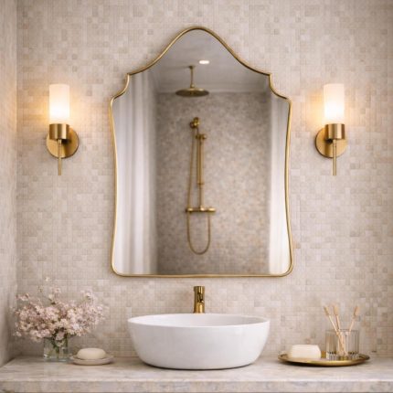 Handmade sculptural crown brass wall mirror with rounded arch top above a bathroom vanity.