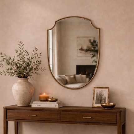 Curved Shield Brass Mirror displayed above entryway console with slim brass frame