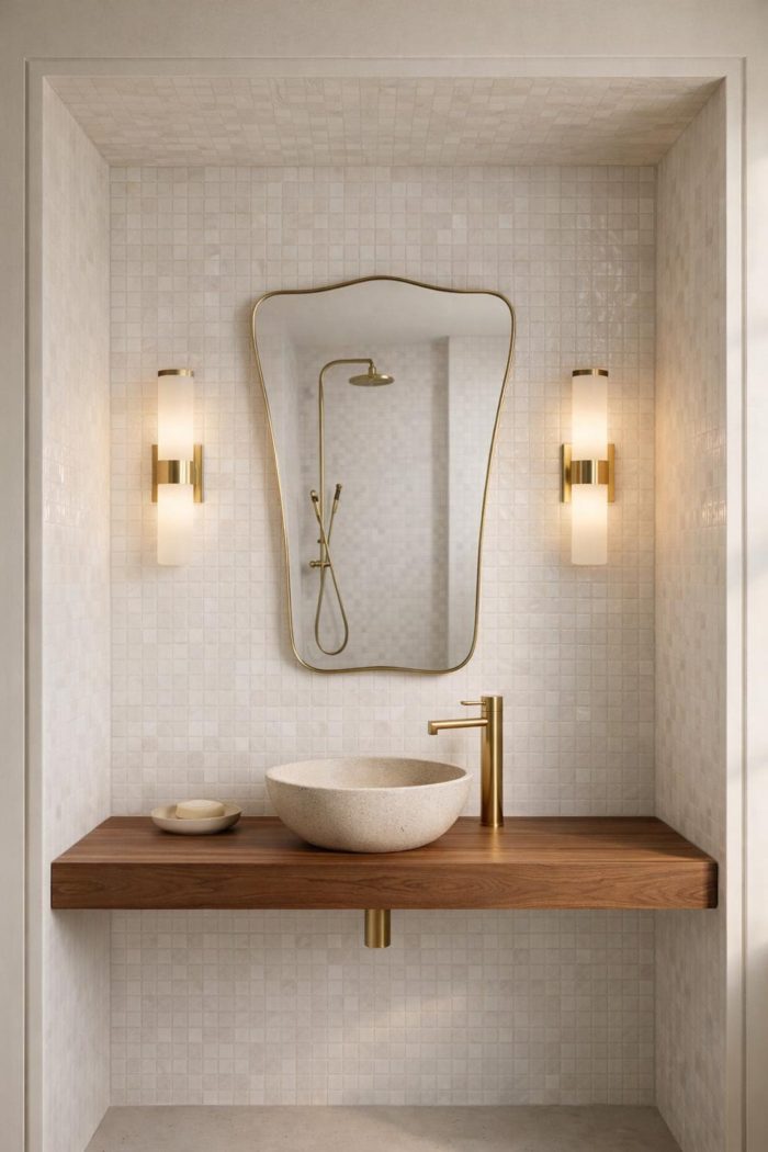Curved Rectangle Brass Mirror with handcrafted slim brass frame in a modern bathroom vanity setting
