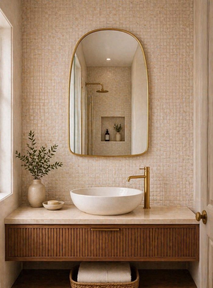 Handmade Rounded Arch Brass Mirror with slim brass frame and curved top
