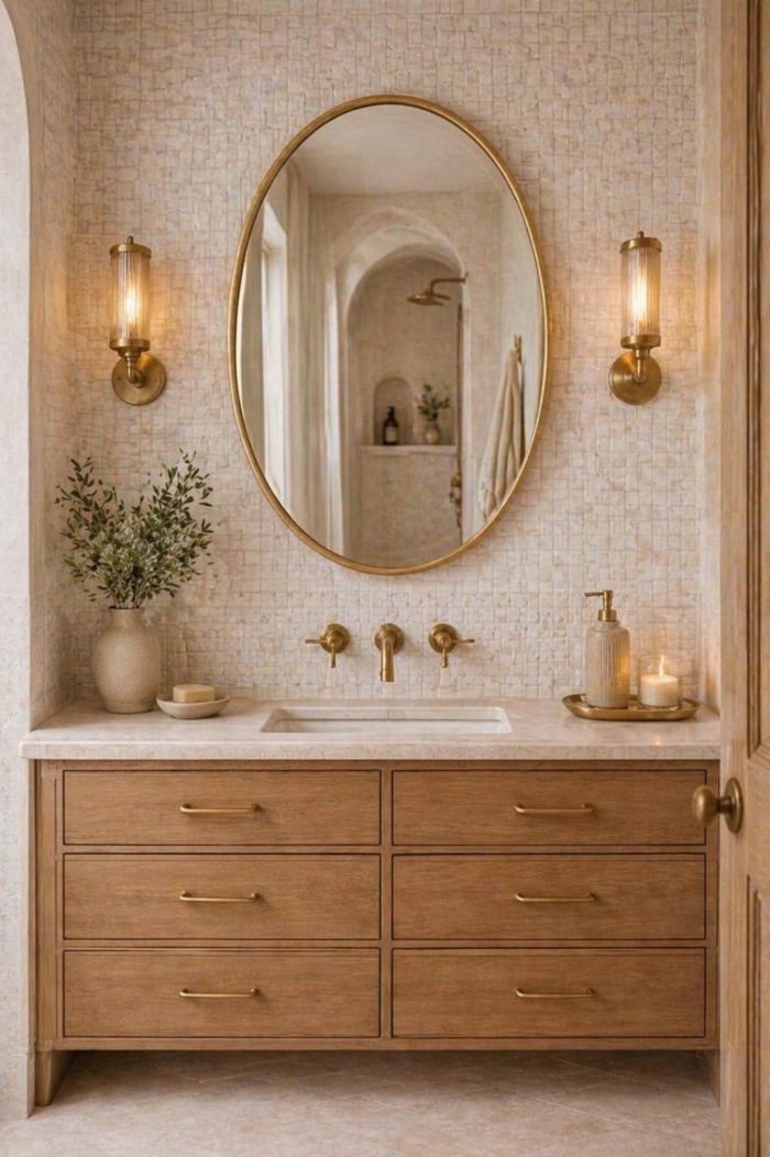 Oval brass bathroom mirror above vanity with brass fixtures and wall sconces