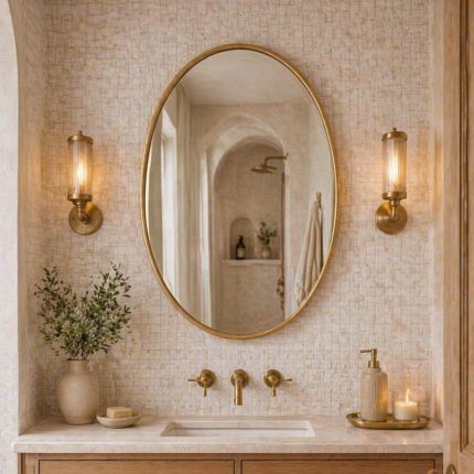 Oval brass bathroom mirror above vanity with brass fixtures and wall sconces