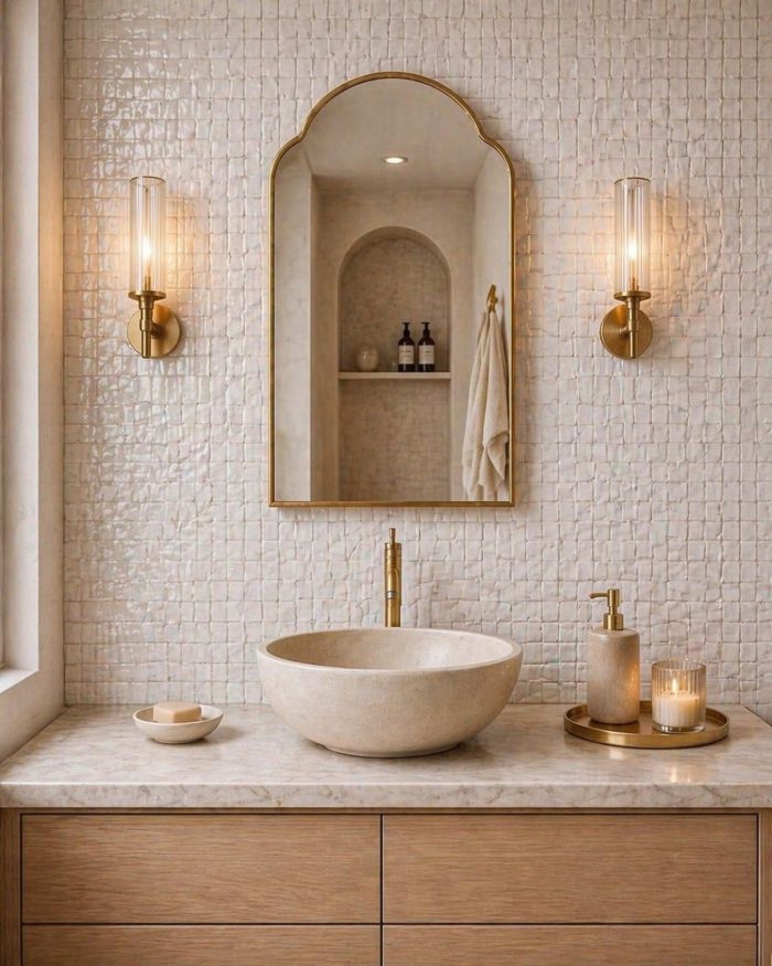 Handmade Arched Brass Vanity Mirror styled with brass sconces and bathroom vanity