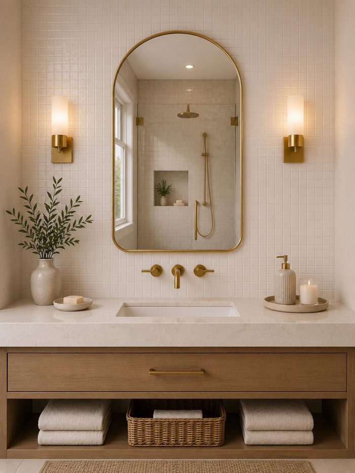 Arched Brass Bathroom Mirror with slim brass frame above modern bathroom vanity