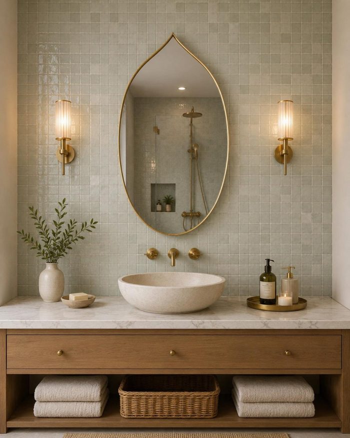 Moroccan Pointed Arch Brass Mirror handcrafted with a solid brass frame for bathroom wall décor
