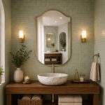 Handmade curved crown brass wall mirror with softly arched top and solid brass frame above bathroom vanity.
