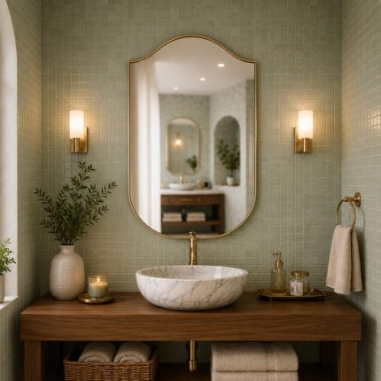 Handmade curved crown brass wall mirror with softly arched top and solid brass frame above bathroom vanity.