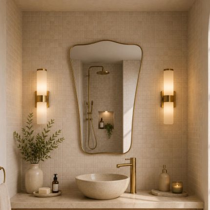 Curved Rectangle Brass Mirror with handcrafted slim brass frame in a modern bathroom vanity setting