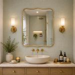 Handmade Curved Edge Brass Mirror with sculpted frame in tiled bathroom