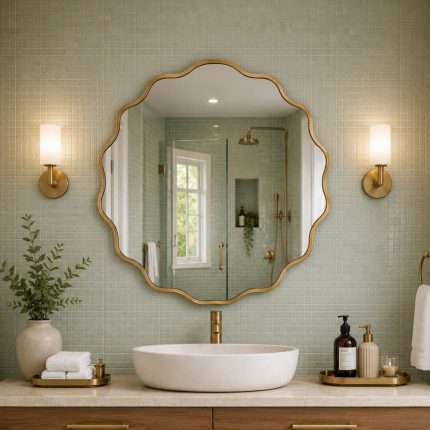 Flower Brass Mirror handcrafted with a scalloped solid brass frame for bathroom wall décor
