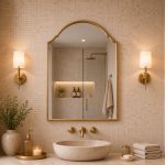 Arched Brass Mirror with curved brass frame above a bathroom vanity