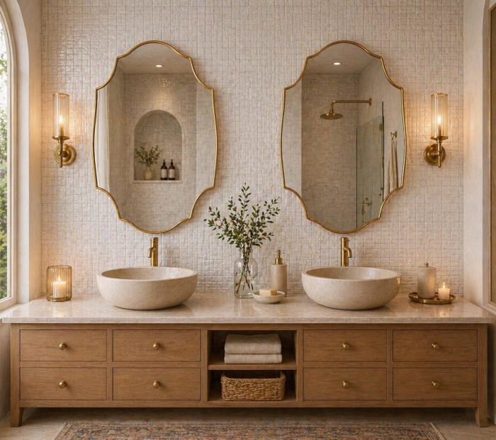 Arched Shield Brass Mirror with handmade brass frame above bathroom vanity