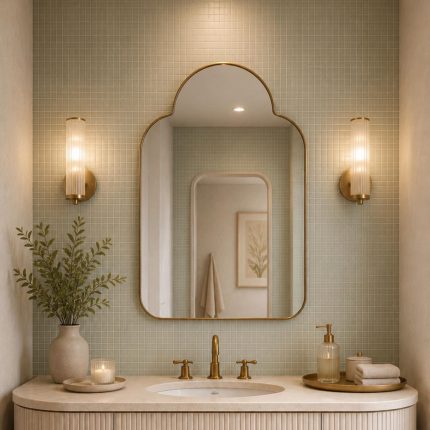 Handmade rounded crown brass wall mirror with clear glass and solid brass frame displayed above an elegant bathroom vanity.