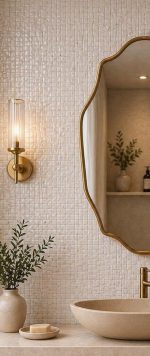 Scalloped Brass Mirror with handmade Moroccan brass frame above bathroom vanity