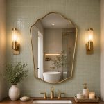 Handmade Scalloped Crown Brass Mirror above wood vanity with brass fixtures