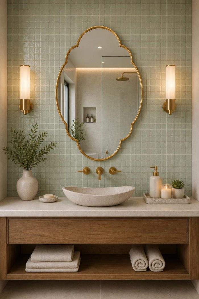 Quatrefoil Brass Mirror with sculpted frame above bathroom vanity