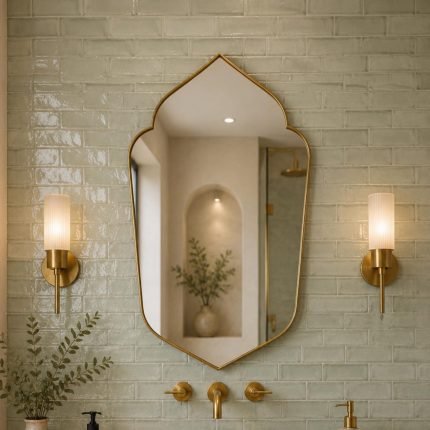 Handmade pointed arch brass vanity mirror with clear glass, solid brass frame and symmetrical pointed silhouette above a bathroom vanity.
