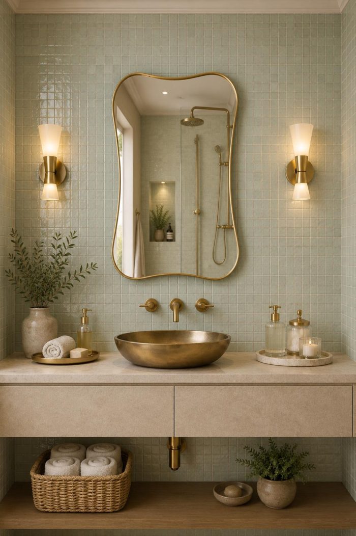 Handmade wavy rectangle brass wall mirror with organic curved edges and solid brass frame above bathroom vanity.