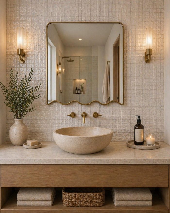 Wavy Bottom Brass Mirror with handmade Moroccan brass frame and decorative scalloped lower edge
