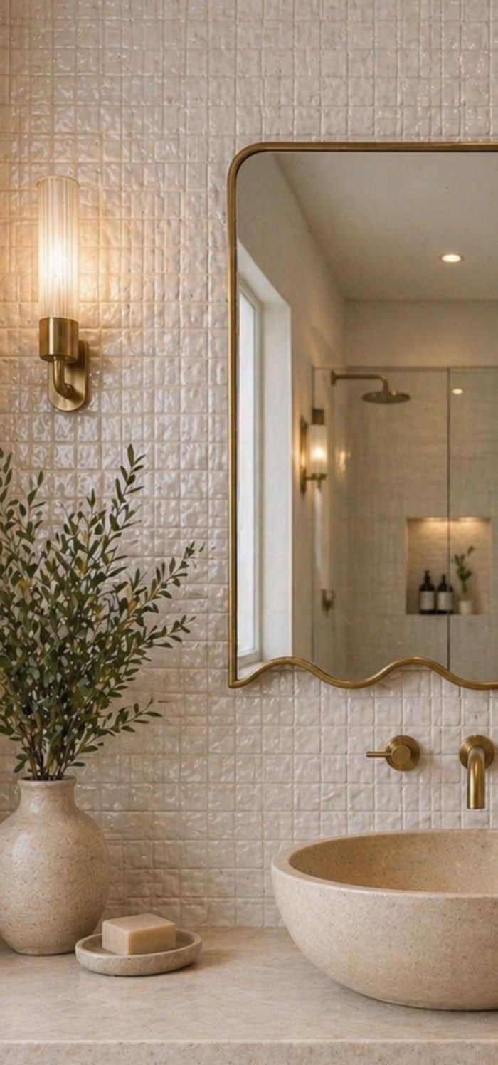Wavy Bottom Brass Mirror with handmade Moroccan brass frame and decorative scalloped lower edge