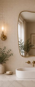 Organic Brass Mirror handcrafted with an irregular solid brass frame for modern bathroom wall décor