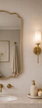 Scalloped Arch Brass Mirror handcrafted with a solid brass frame for bathroom wall décor