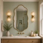 Wavy Brass Bathroom Mirror with handmade brass frame above bathroom vanity