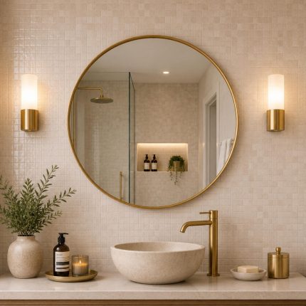 Modern Round Brass Mirror handcrafted with a slim solid brass frame for bathroom wall décor