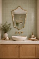Pointed Moroccan Brass Mirror above bathroom vanity with green tile wall