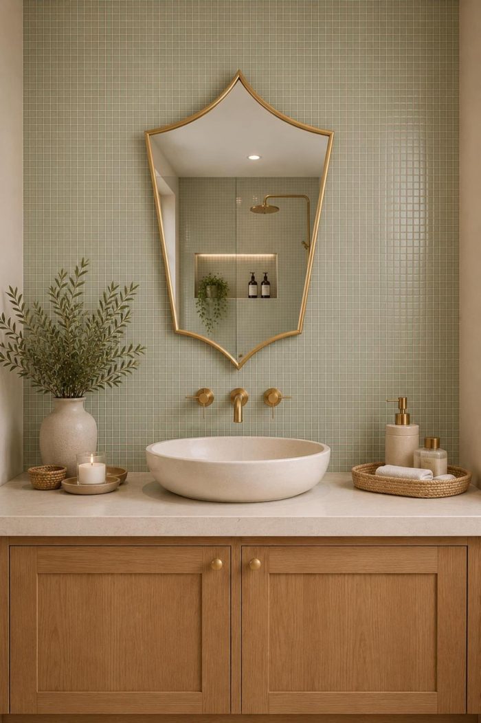 Pointed Moroccan Brass Mirror above bathroom vanity with green tile wall