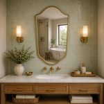 Handmade Curved Shield Brass Mirror with brass frame above wooden bathroom vanity