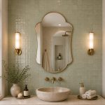Handmade scalloped arch brass wall mirror with decorative gold frame above a bathroom vanity.