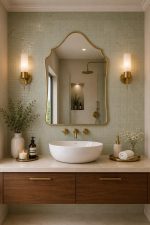 Handmade sculptural crown brass wall mirror with rounded arch top above a bathroom vanity.