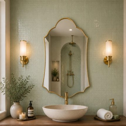 Handmade scalloped bell brass wall mirror with rounded crown and decorative curved edges above bathroom vanity.