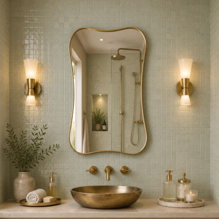 Handmade wavy rectangle brass wall mirror with organic curved edges and solid brass frame above bathroom vanity.