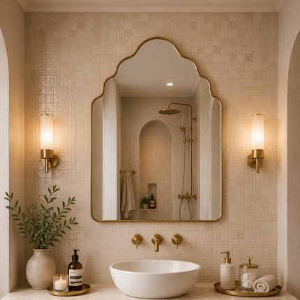 Handmade scalloped arch brass wall mirror with layered curved crown and solid brass frame above bathroom vanity.
