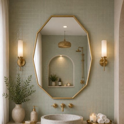 Handmade octagonal brass wall mirror with elongated geometric shape and solid brass frame above bathroom vanity.