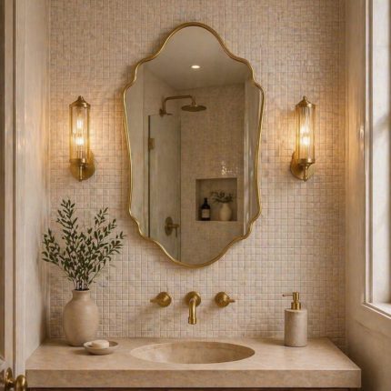 Scalloped Brass Mirror handcrafted with a wavy solid brass frame for bathroom wall décor